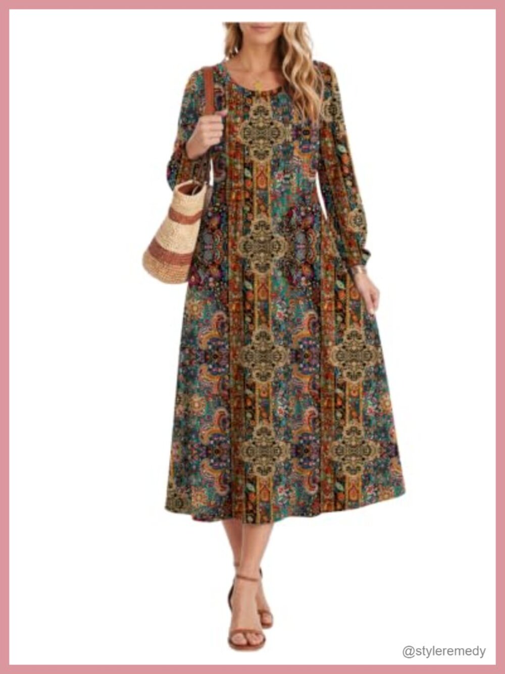 Zeagoo Women Long Sleeve Midi Dress A-Line Pleated Flare Pockets Casual